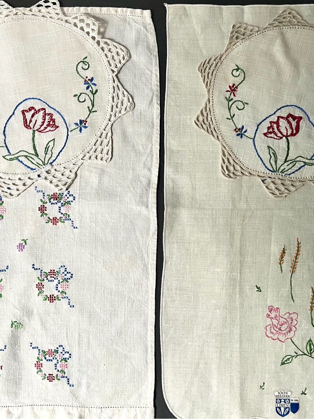 Hand Embroidered Linen Runner Pair with Floral Motifs - Cream and White